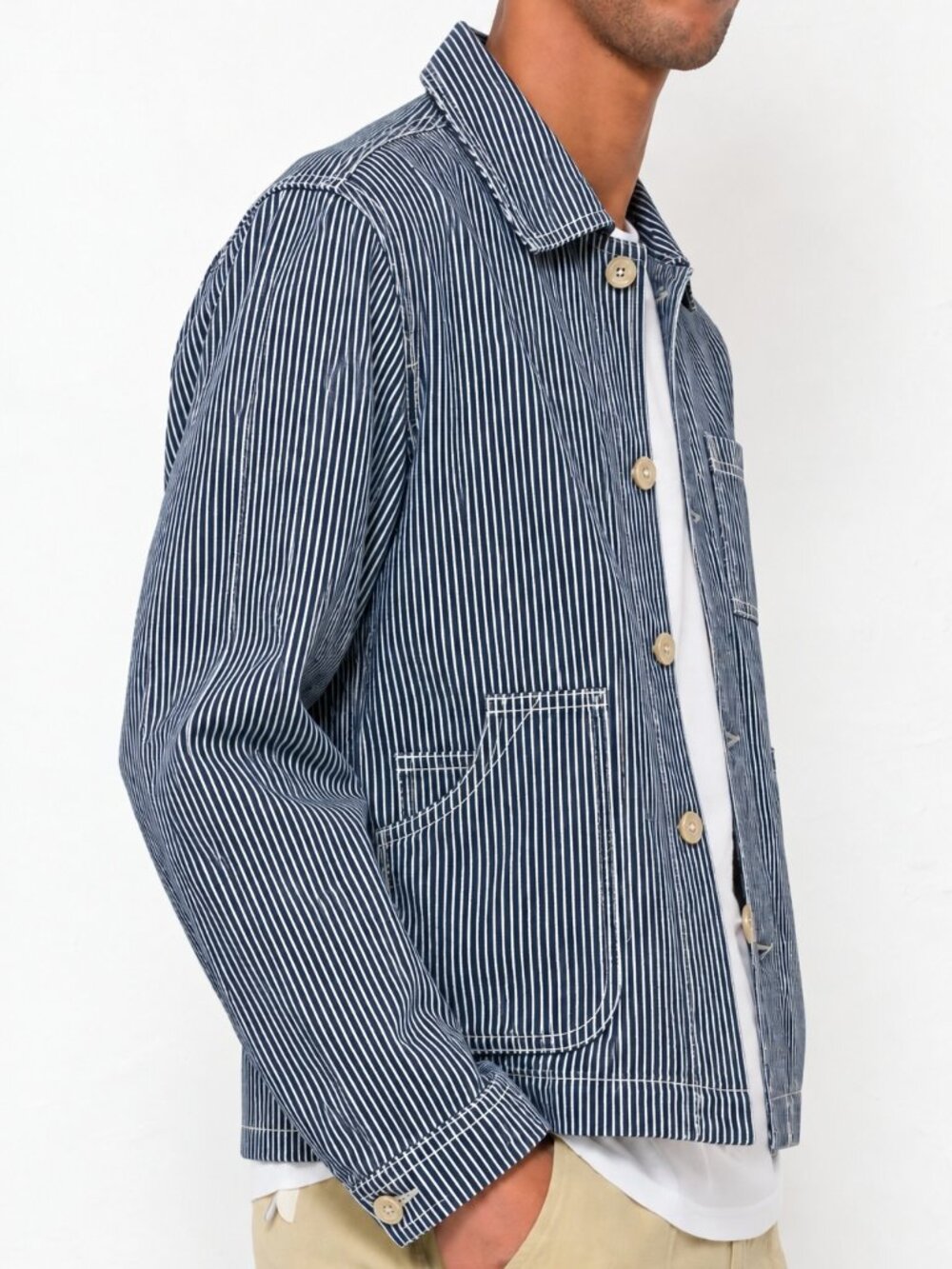 FOLK Denim Stripe 100% Cotton Button-Front Navy White Chore Shirt  Jacket Size M